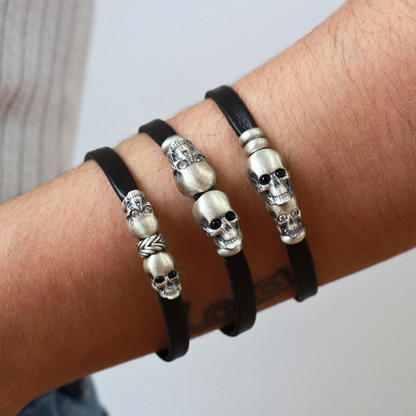 Pulsera Cuero Plata Dos Calaveras