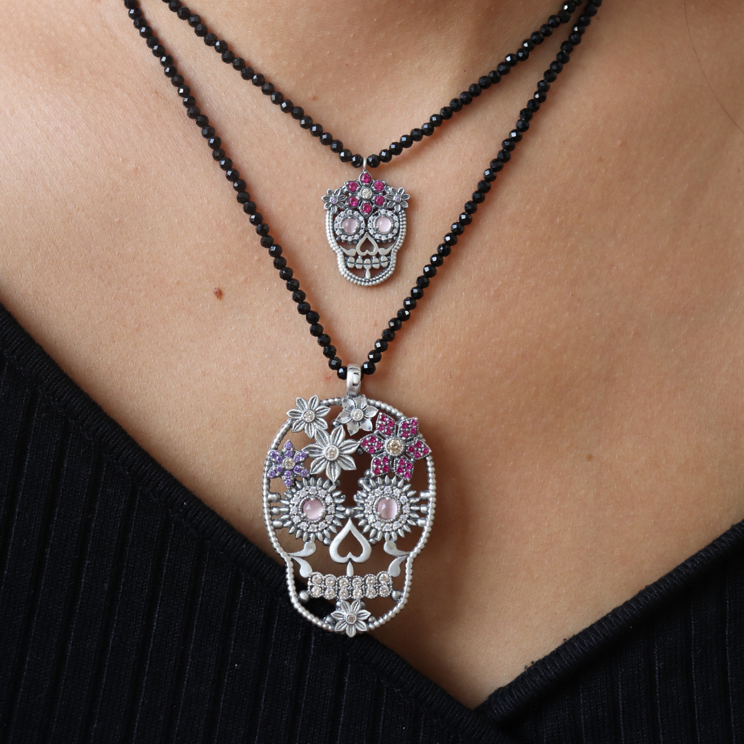 Colgante Calavera Mediana Flores Plata