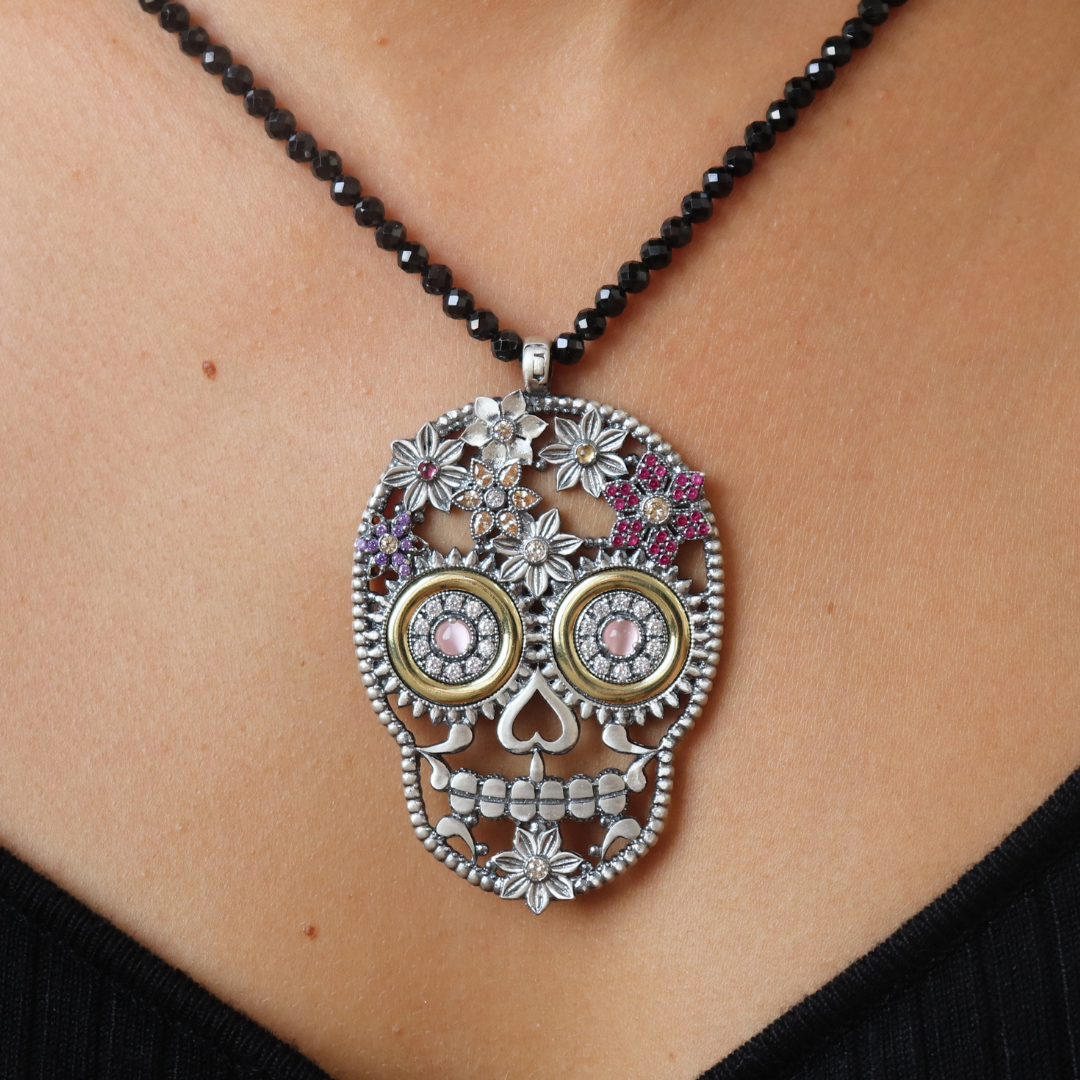 Colgante Calavera Grande Flores Plata