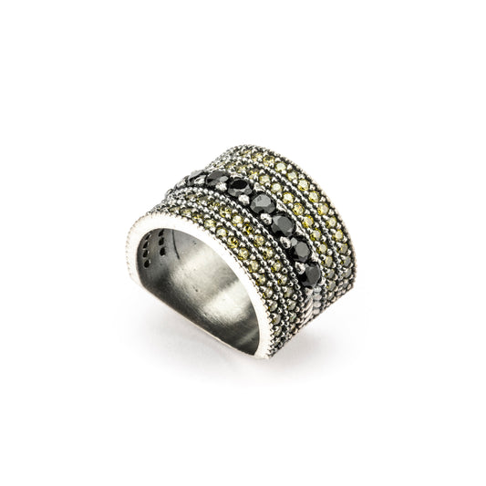 15607 ANILLO ANCHO PLATA, ESPINELAS Y CIRCONITAS VERDE OLIVA