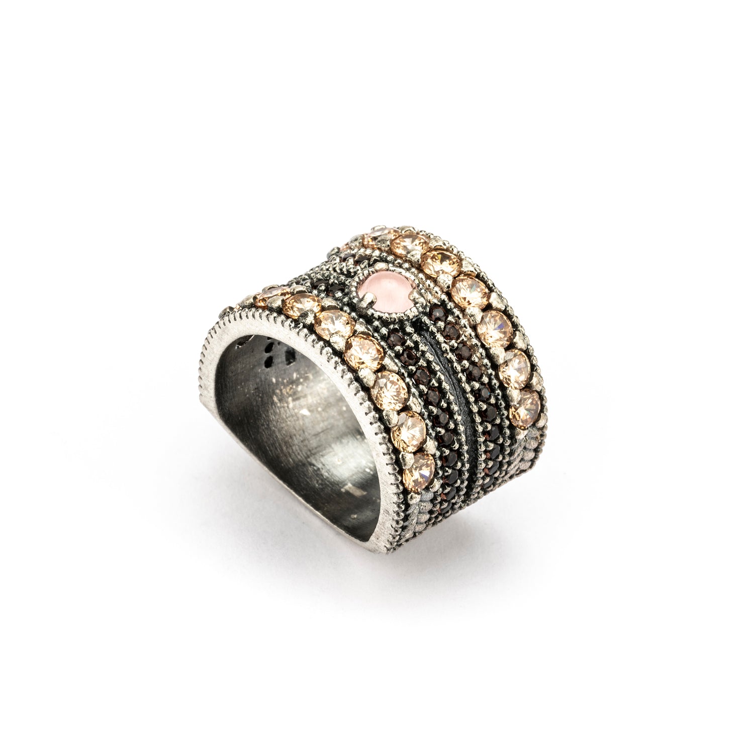 15608 WIDE SILVER RING PINK CAT'S EYE, CAVA AND BROWN ZIRCONIAS