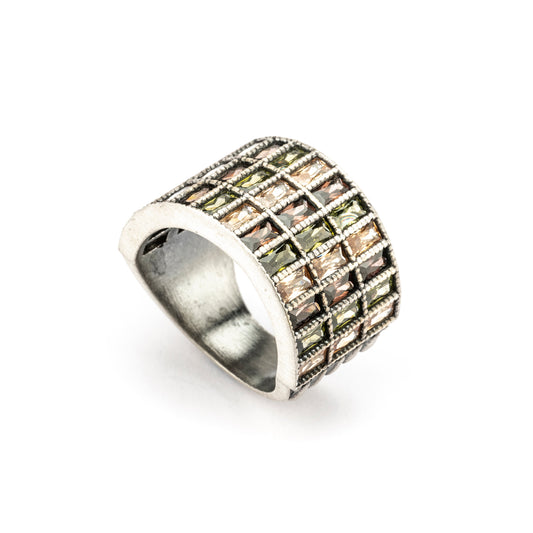 15648 ANILLO ANCHO PLATA BAGUETTES CIRCONITAS CAVA, BROWN, VERDE