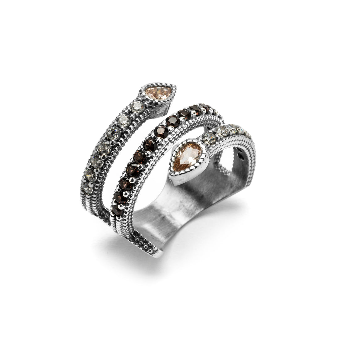 Silver Ring with Corkscrew Design and Champagne Drops
