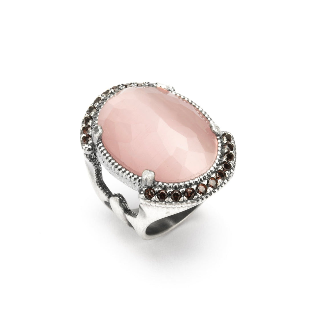 Anillo grande plata ojo gato rosa, circos brown