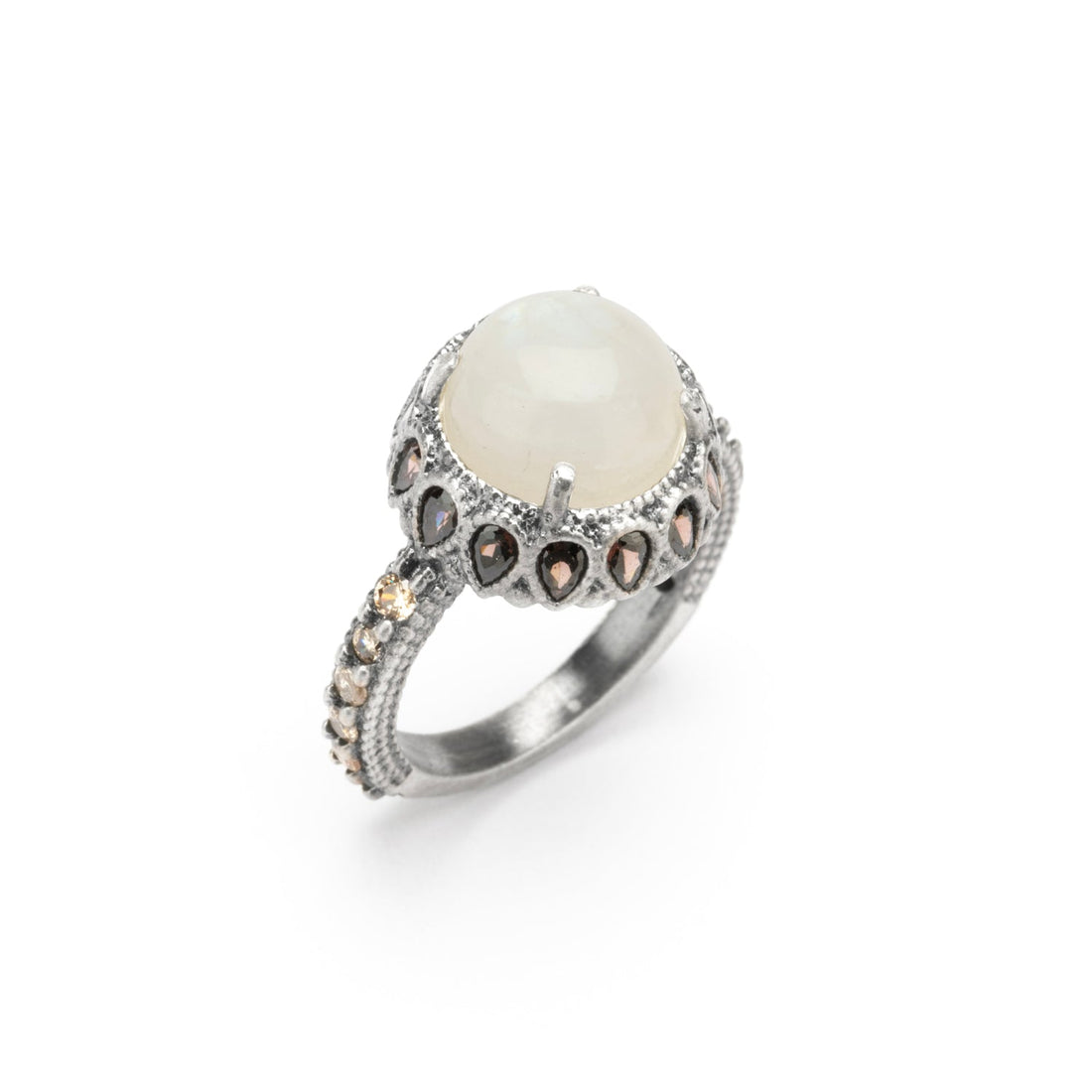 anillo plata piedra luna redonda, gotas brown