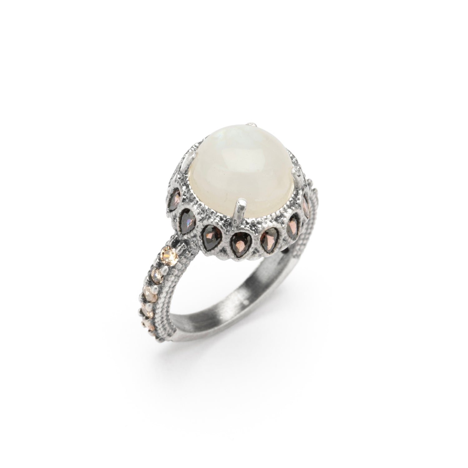 anillo plata piedra luna redonda, gotas brown