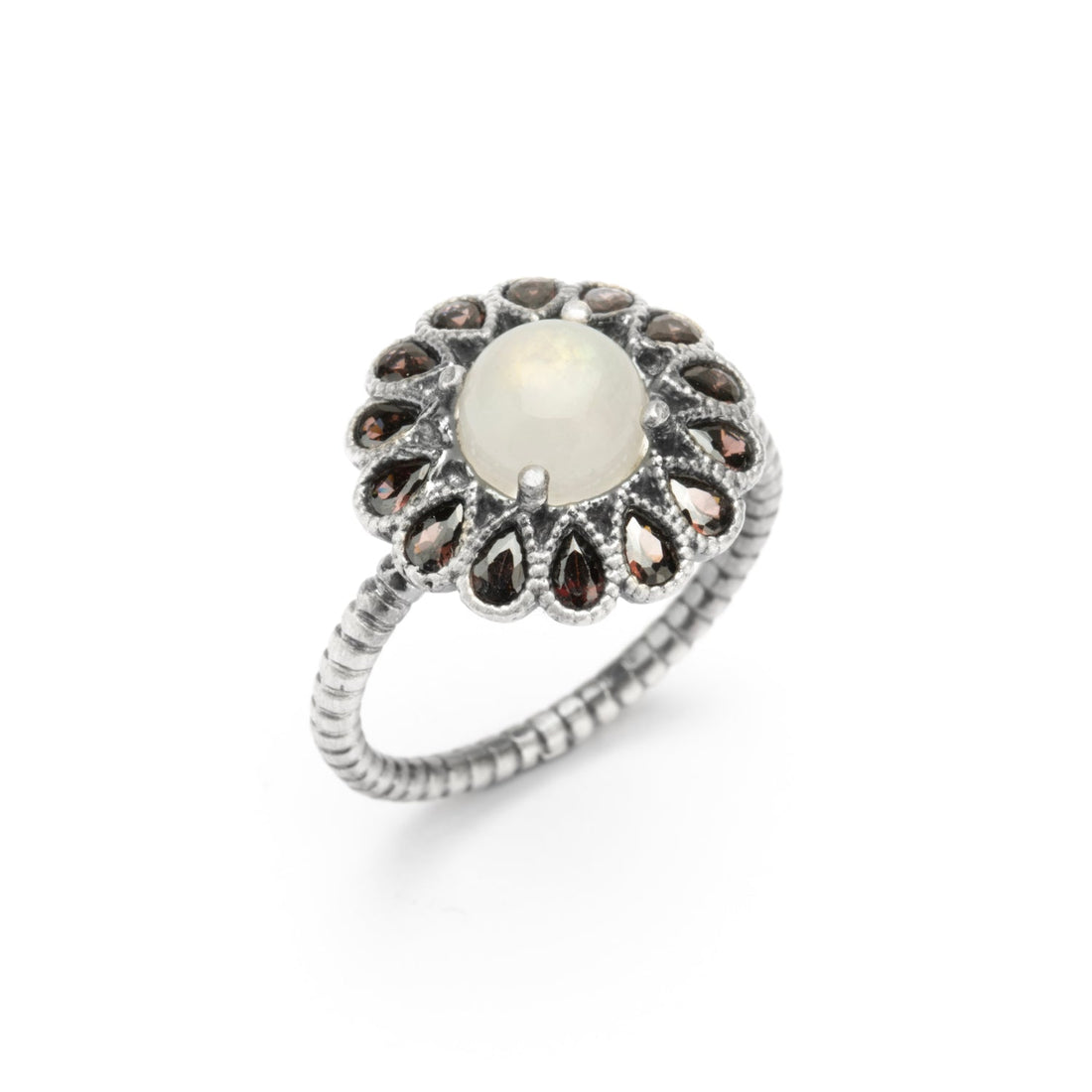 anillo plata flor piedra luna redonda, gotas brown