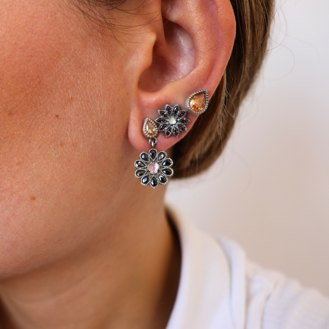 P1085 PENDIENTES PLATA, OJO DE GATO ROSA, PERAS CIRCO BROWN