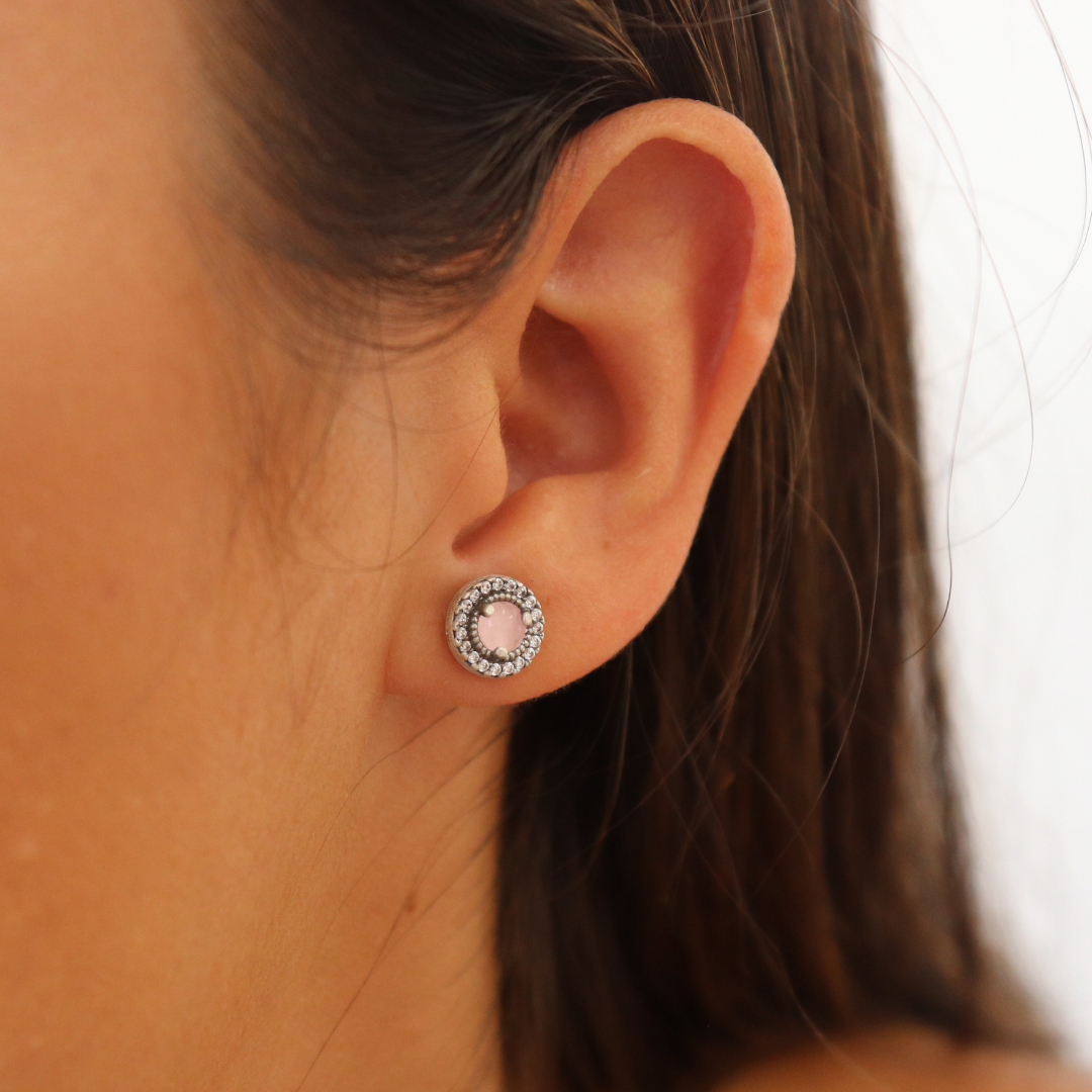 Pendientes Botón Plata Ojo de Gato Rosa