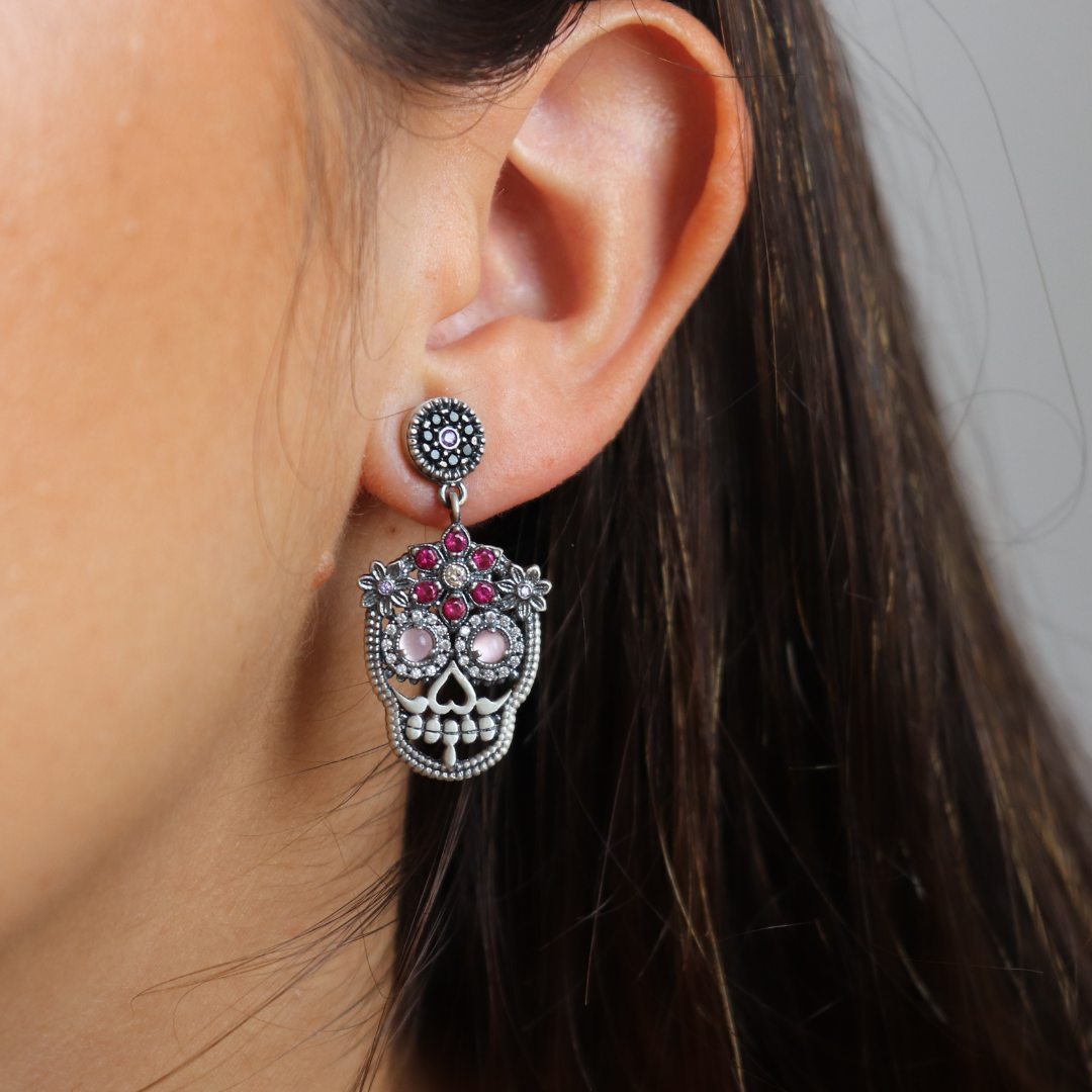 Pendientes Plata Calavera Flores