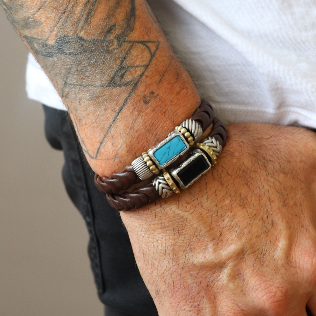 Pulsera Cuero Plata y Bronce Rectangular