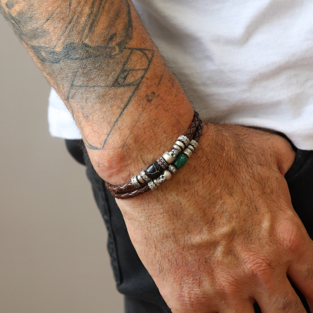 Pulsera Calavera Cuero Plata Circonitas