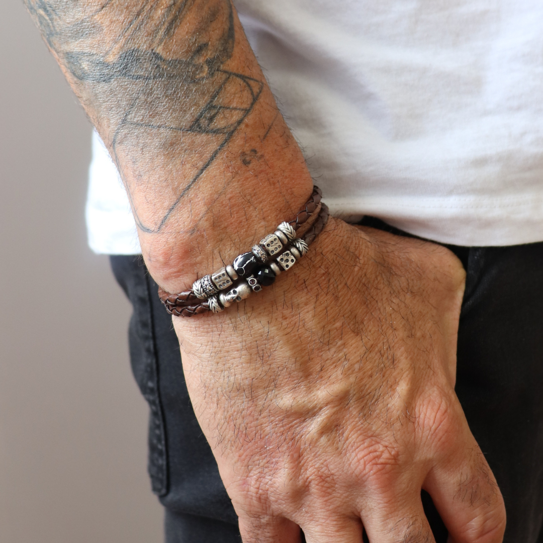 Pulsera Calavera Cuero Plata Circonitas