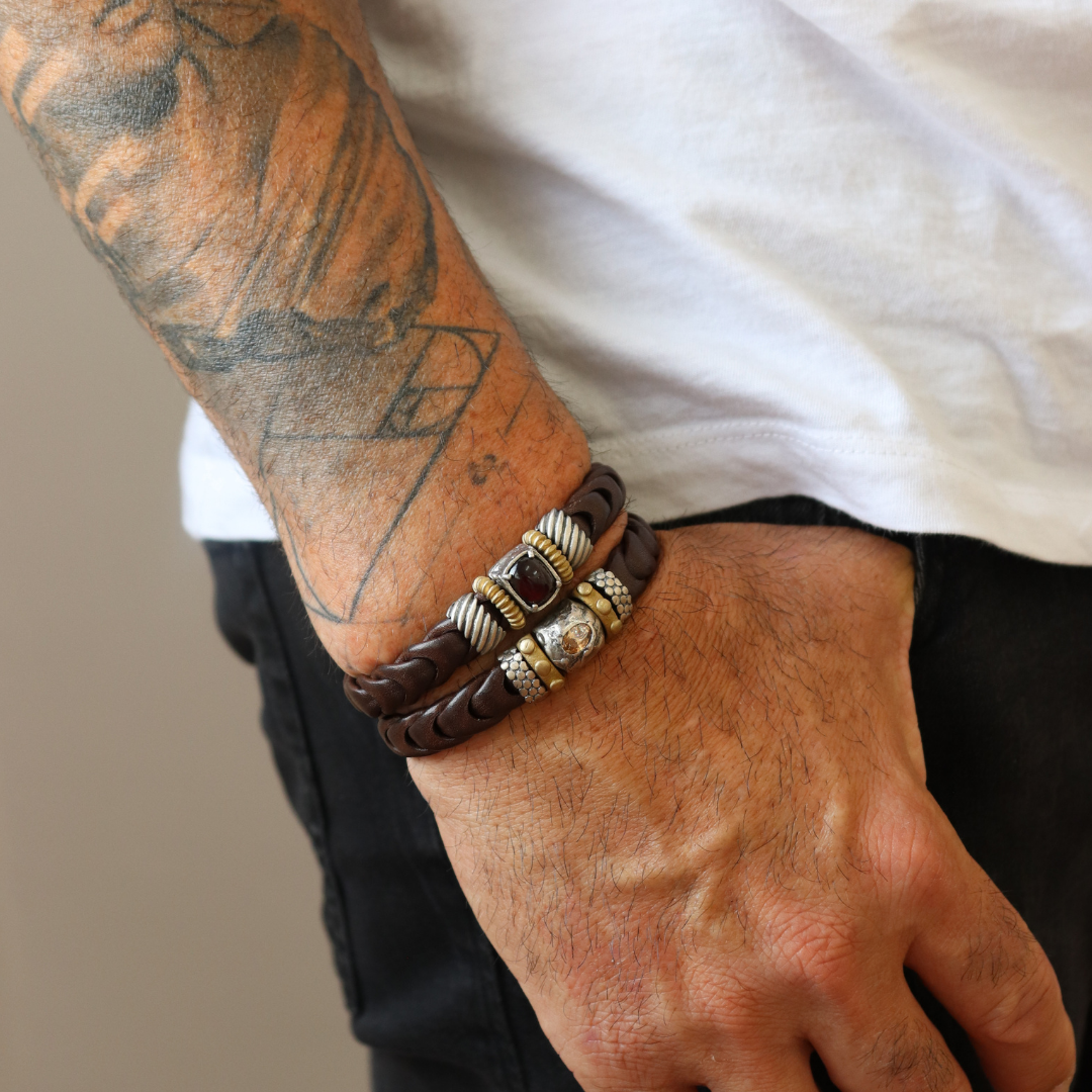 Pulsera Cuero Plata y Bronce Granate