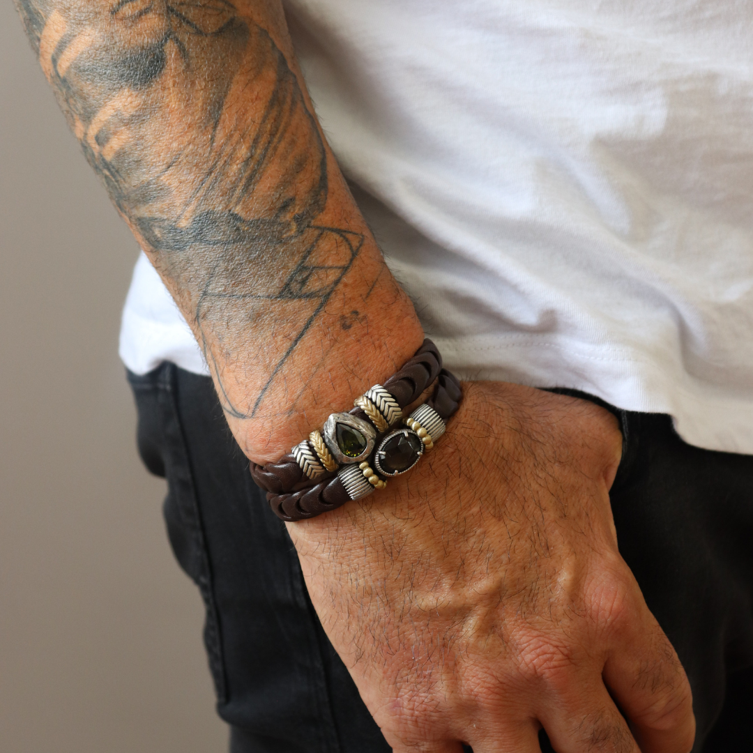 Pulsera Cuero Plata y Bronce Fumé