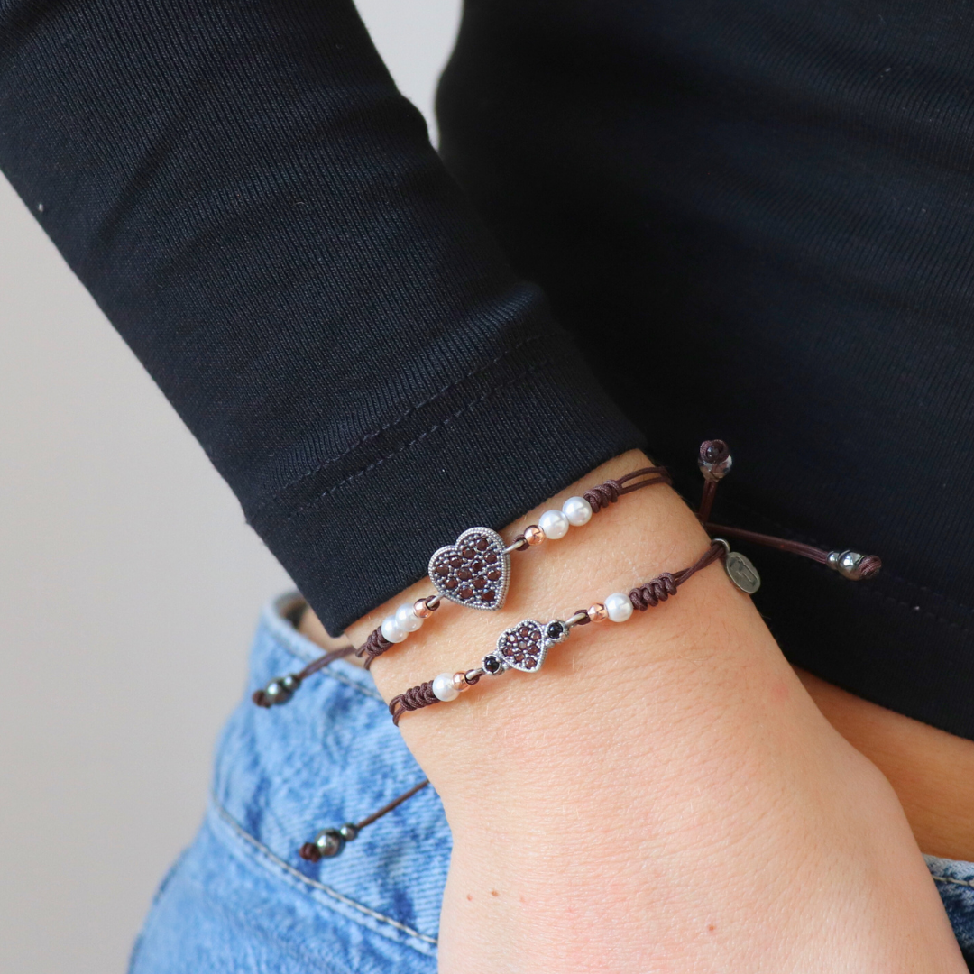 Pulsera Macramé Corazón Plata Circonitas Pequeño