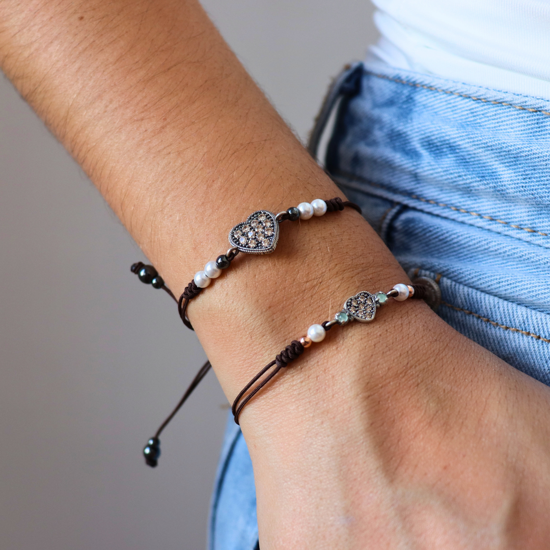 Pulsera Macramé Corazón Plata Circonitas Pequeño