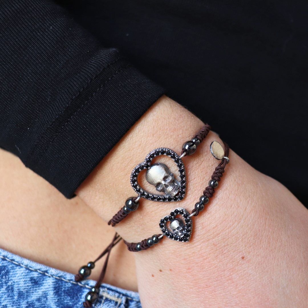Pulsera Plata Macramé Corazón Calavera