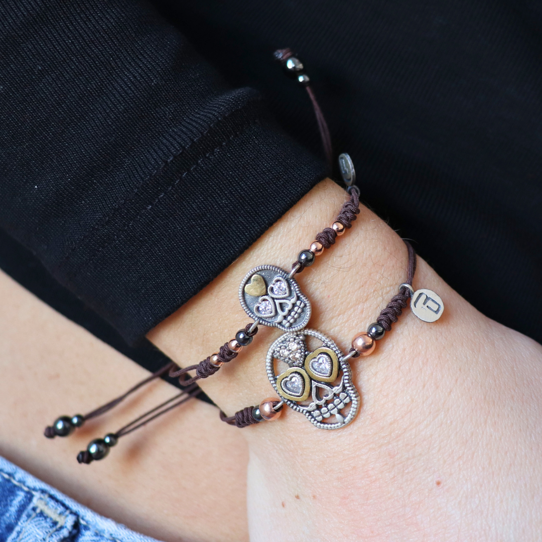 Pulsera Macramé Plata y Bronce Calavera Pequeña