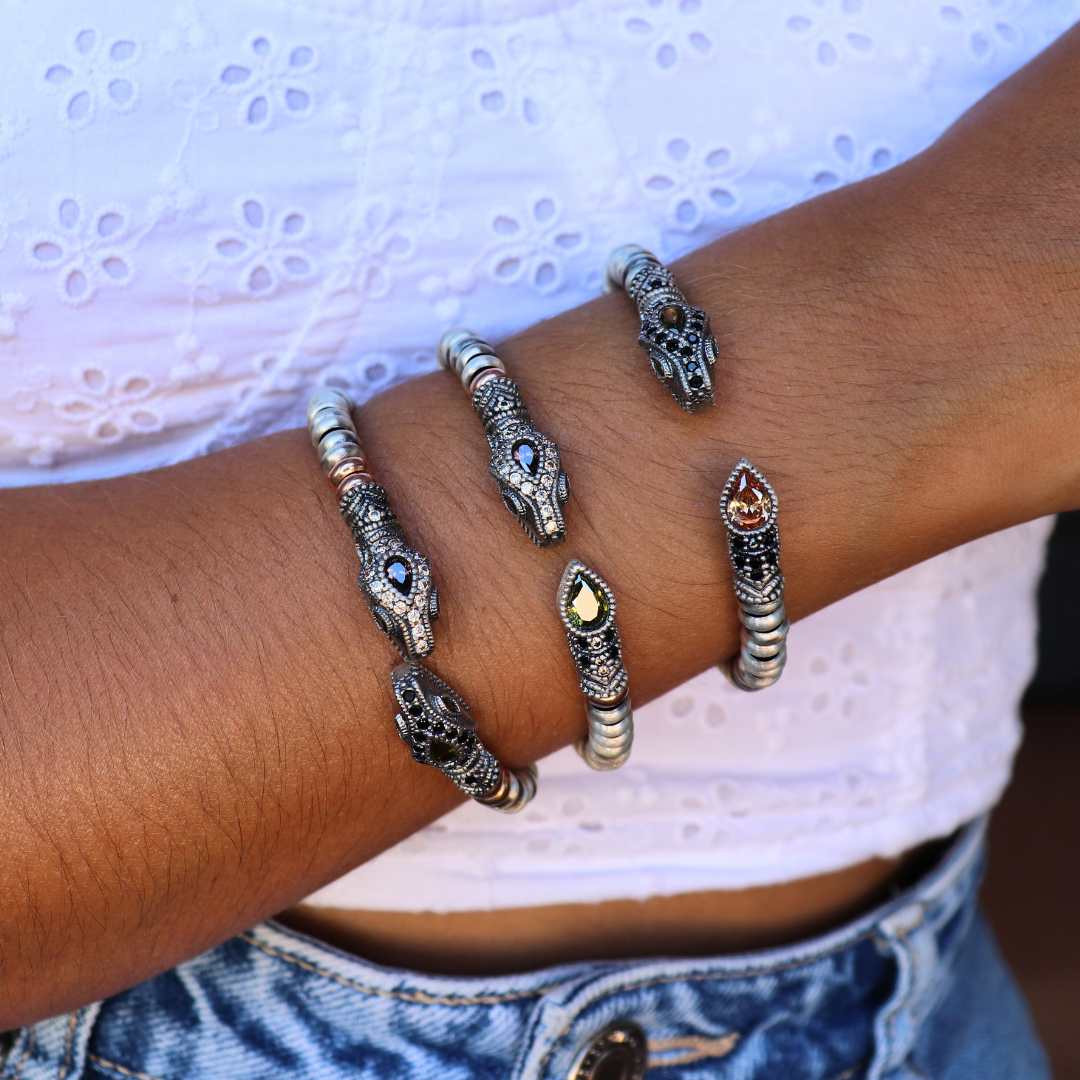 Pulsera plata y oro rosa dos cabezas serpiente