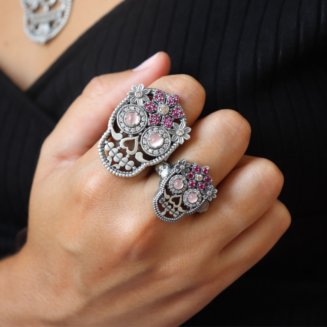 Anillo Plata Calavera Flores