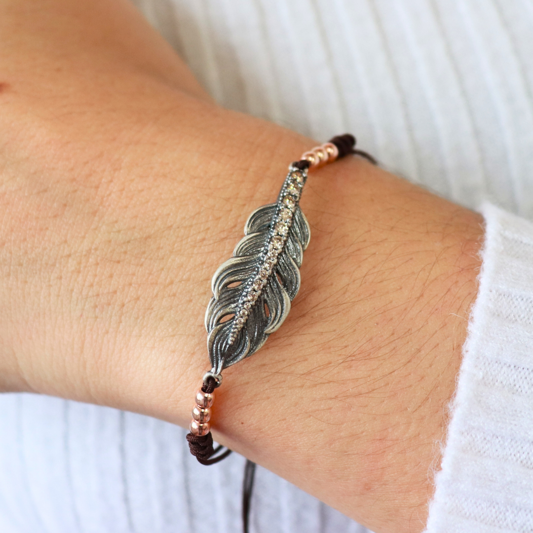 Pulsera Plata Macramé Pluma Circonitas Cava