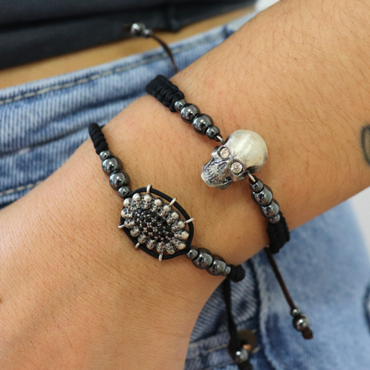 Pulsera Plata Macramé Calavera Ojos