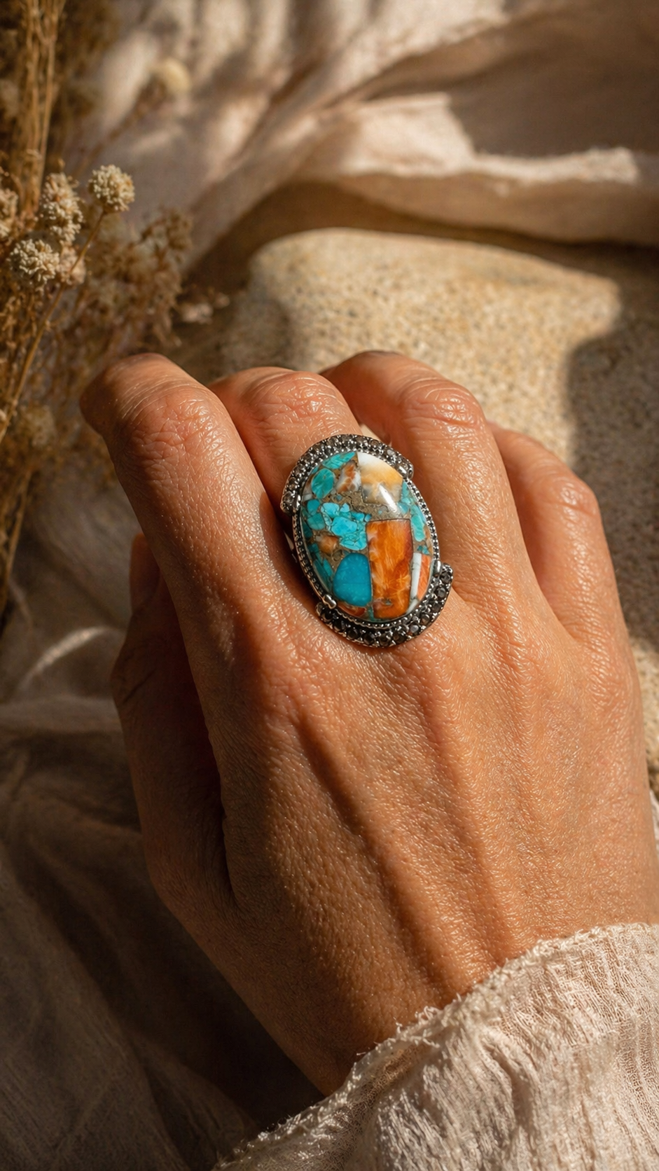 Anillo grande plata turquesa copper, circos bicolor