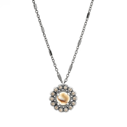 Silver Shiva flower pendant, cava drops