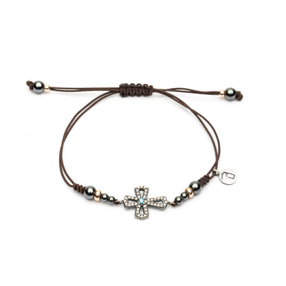 Pulsera Plata Macramé Cruz