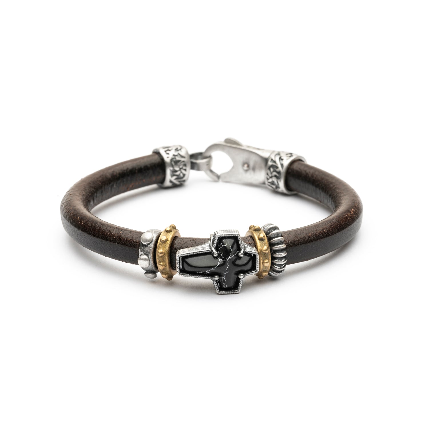 Pulsera Cruz Cuero Plata y Bronce