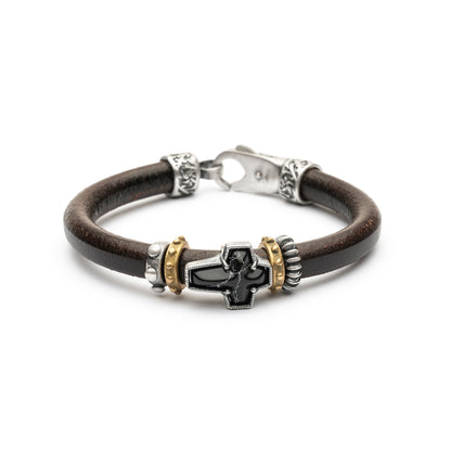 Pulsera Cruz Cuero Plata y Bronce