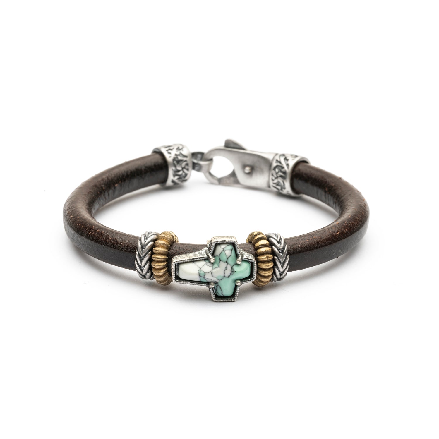 Pulsera Cruz Cuero Plata y Bronce