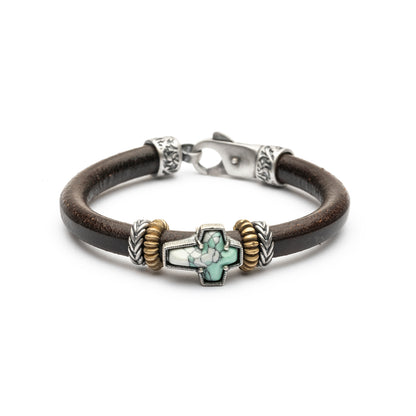 Pulsera Cruz Cuero Plata y Bronce