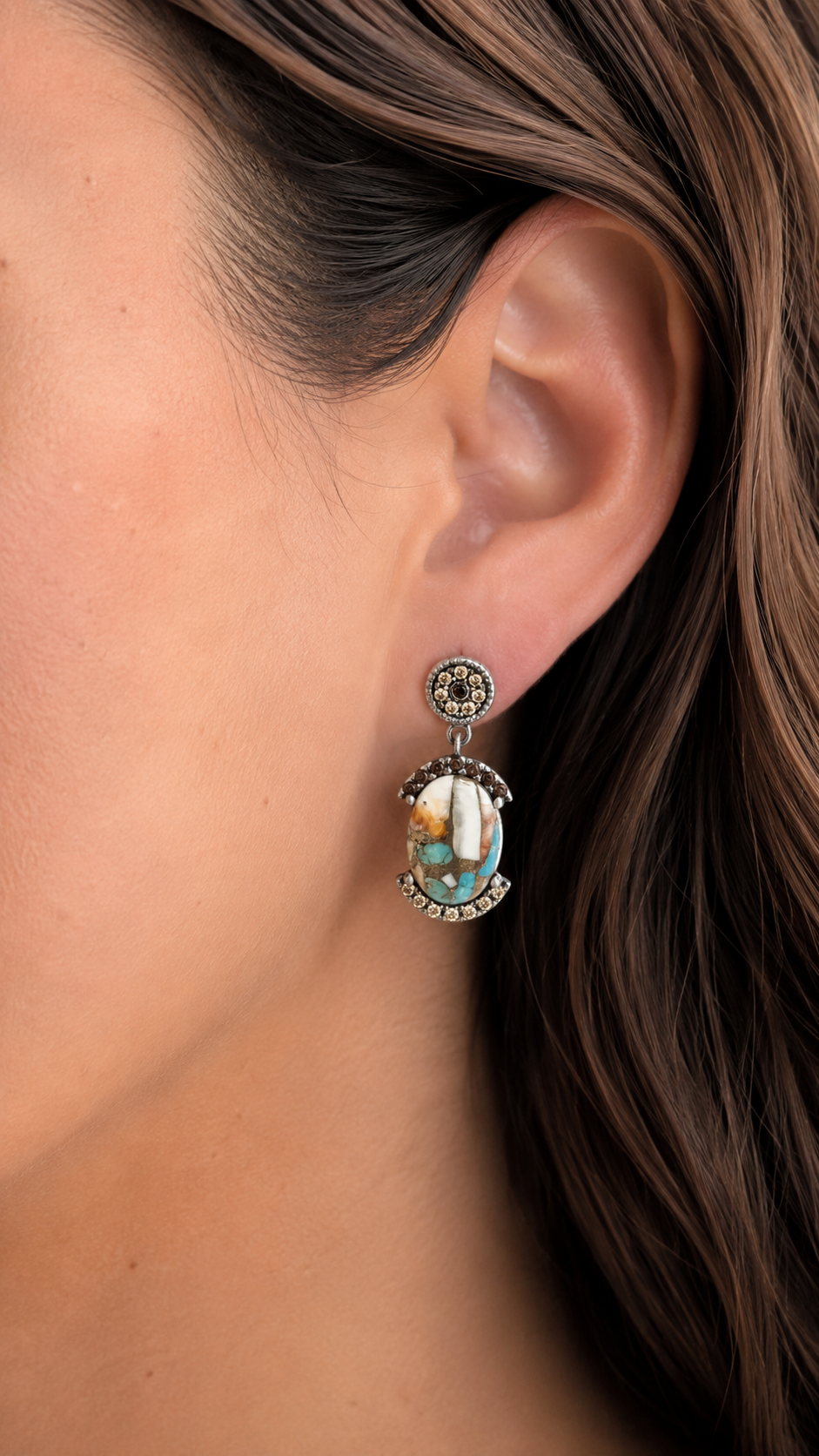 Silver turquoise copper earrings with bicolor circlet border