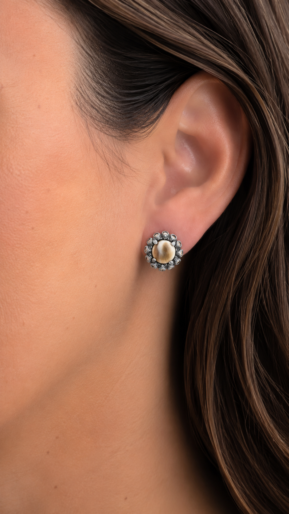 Shiva silver button earrings, circus champagne drops