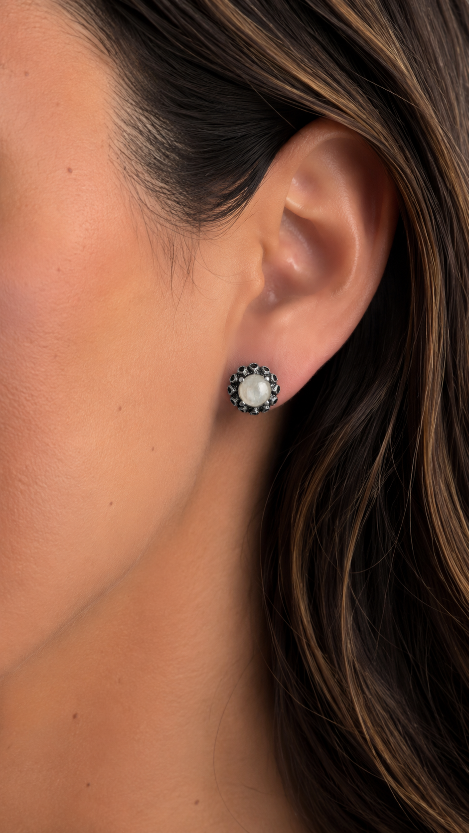 Silver stud earrings with moonstone, brown circus drops