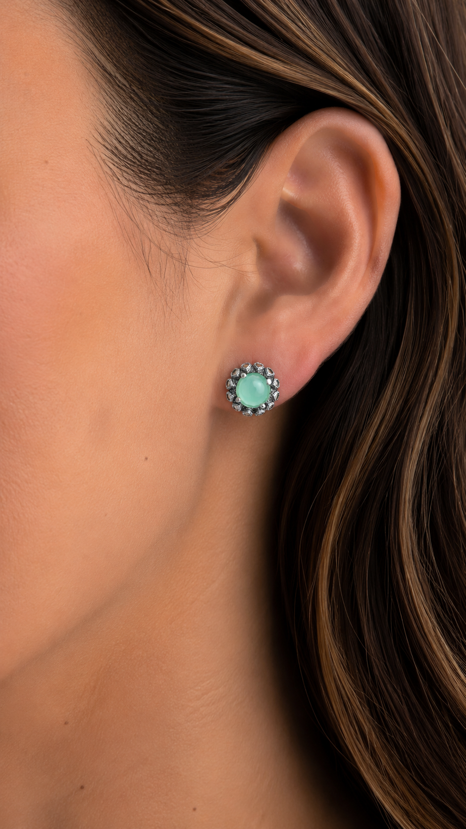 Silver stud earrings with chalcedony, circus-style drops, champagne style