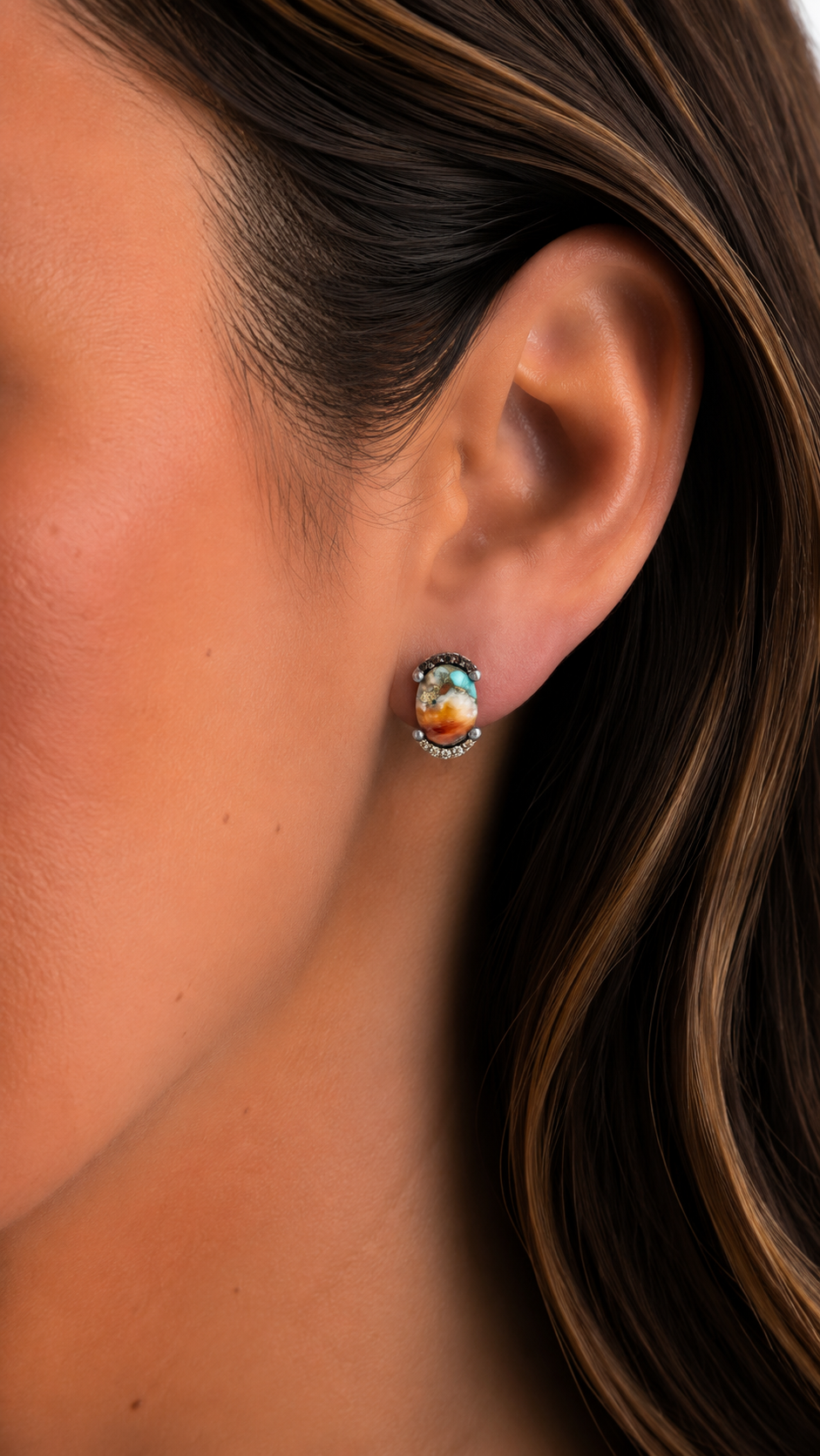 Silver button turquoise earrings copper border bicolor circlets