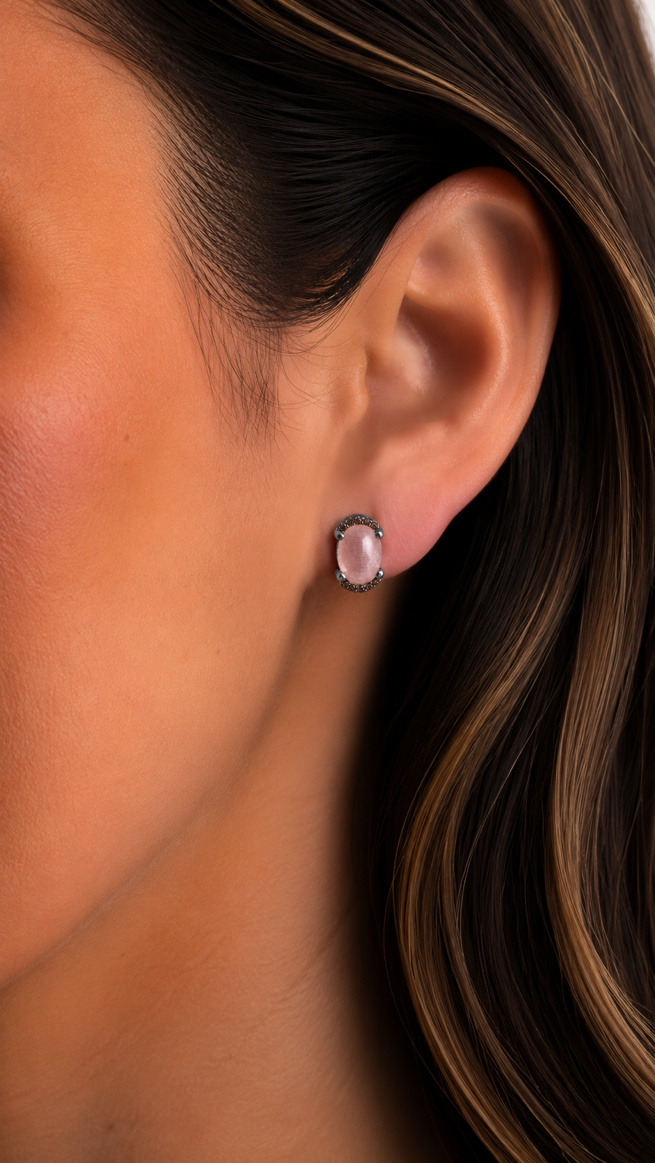 Silver stud earrings, pink cat's eye button, brown circus halo