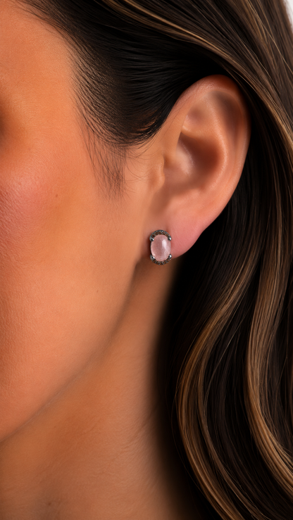 Silver stud earrings, pink cat's eye button, brown circus halo
