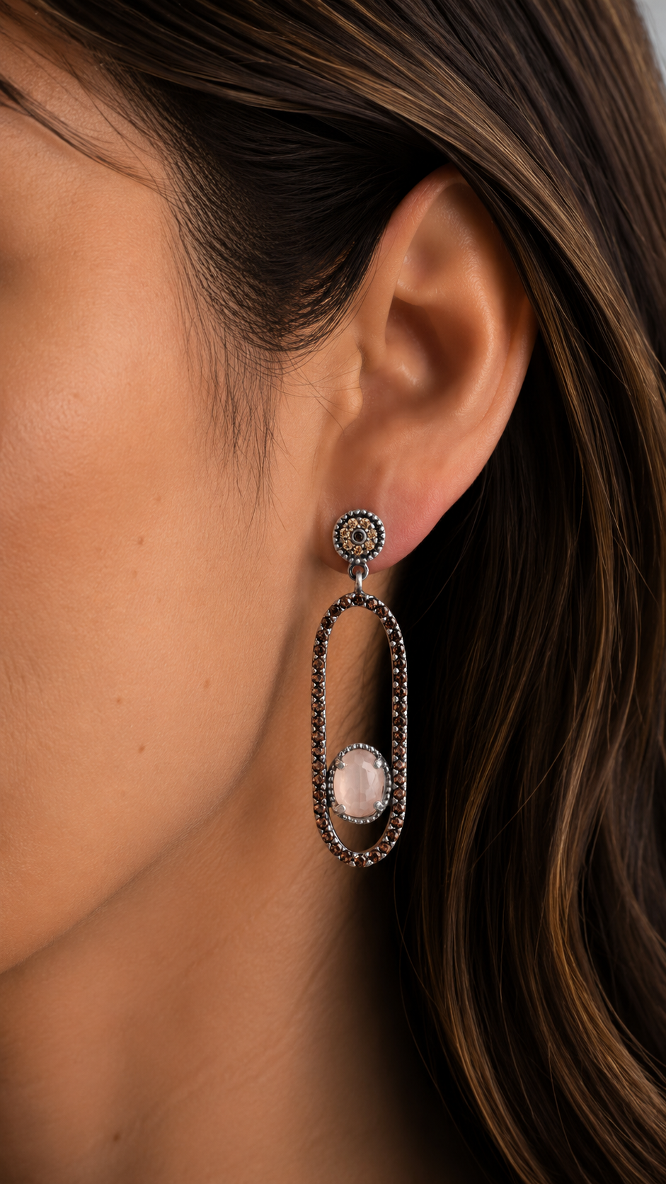 Silver pink cat eye and brown zircons earrings