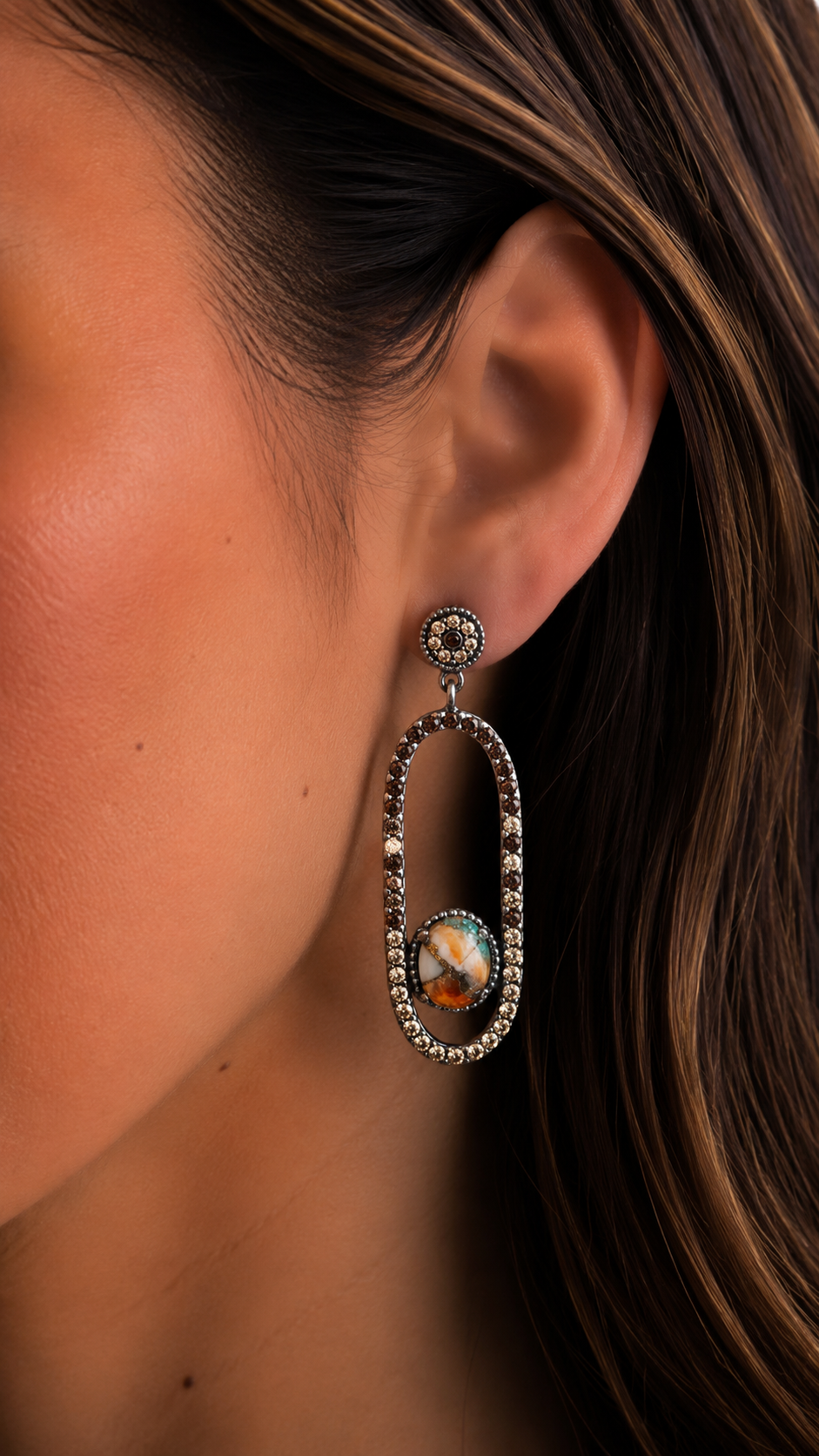 Silver turquoise copper earrings and two-tone zircons
