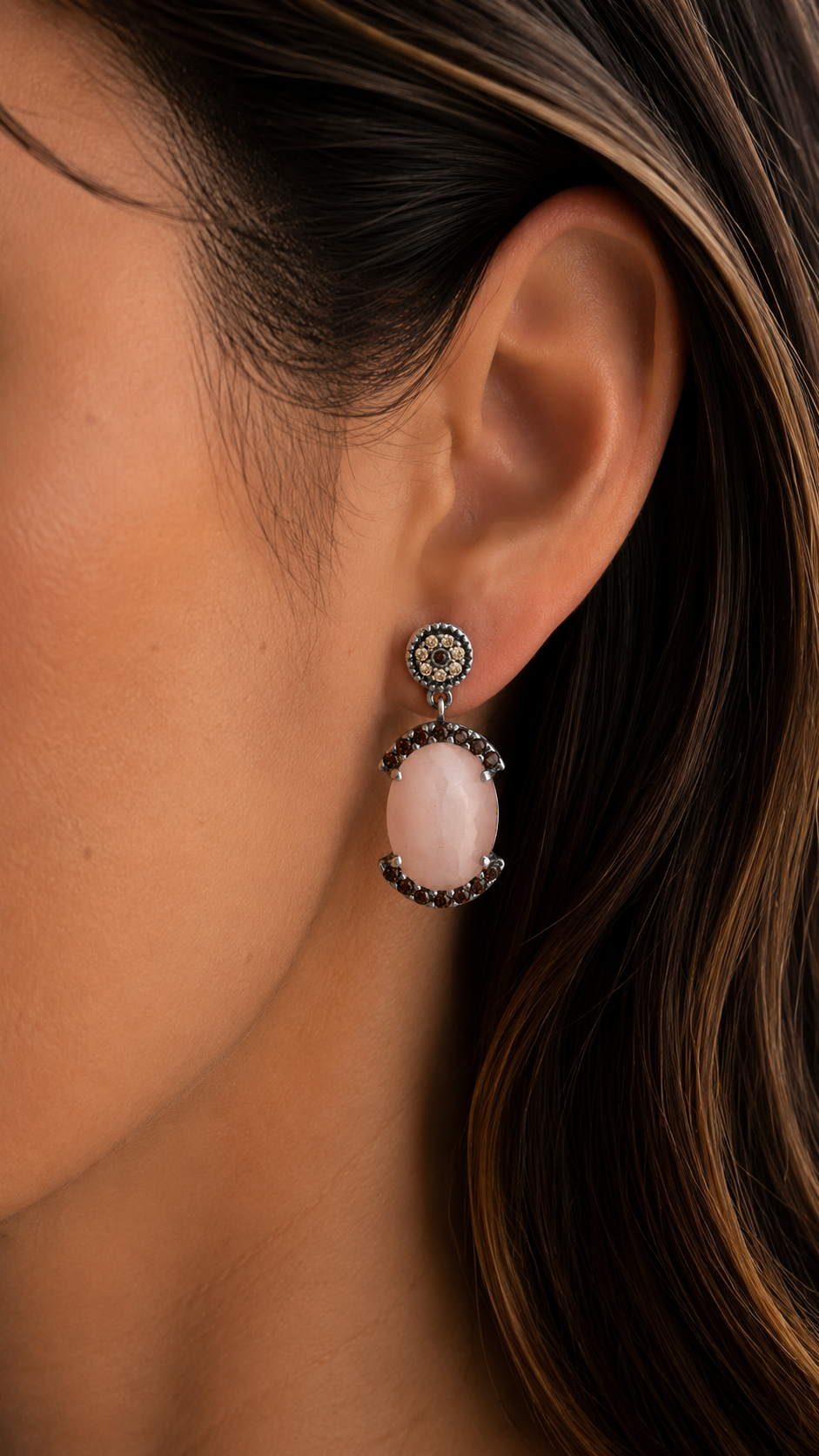 Silver earrings, pink cat eye, brown circus halo