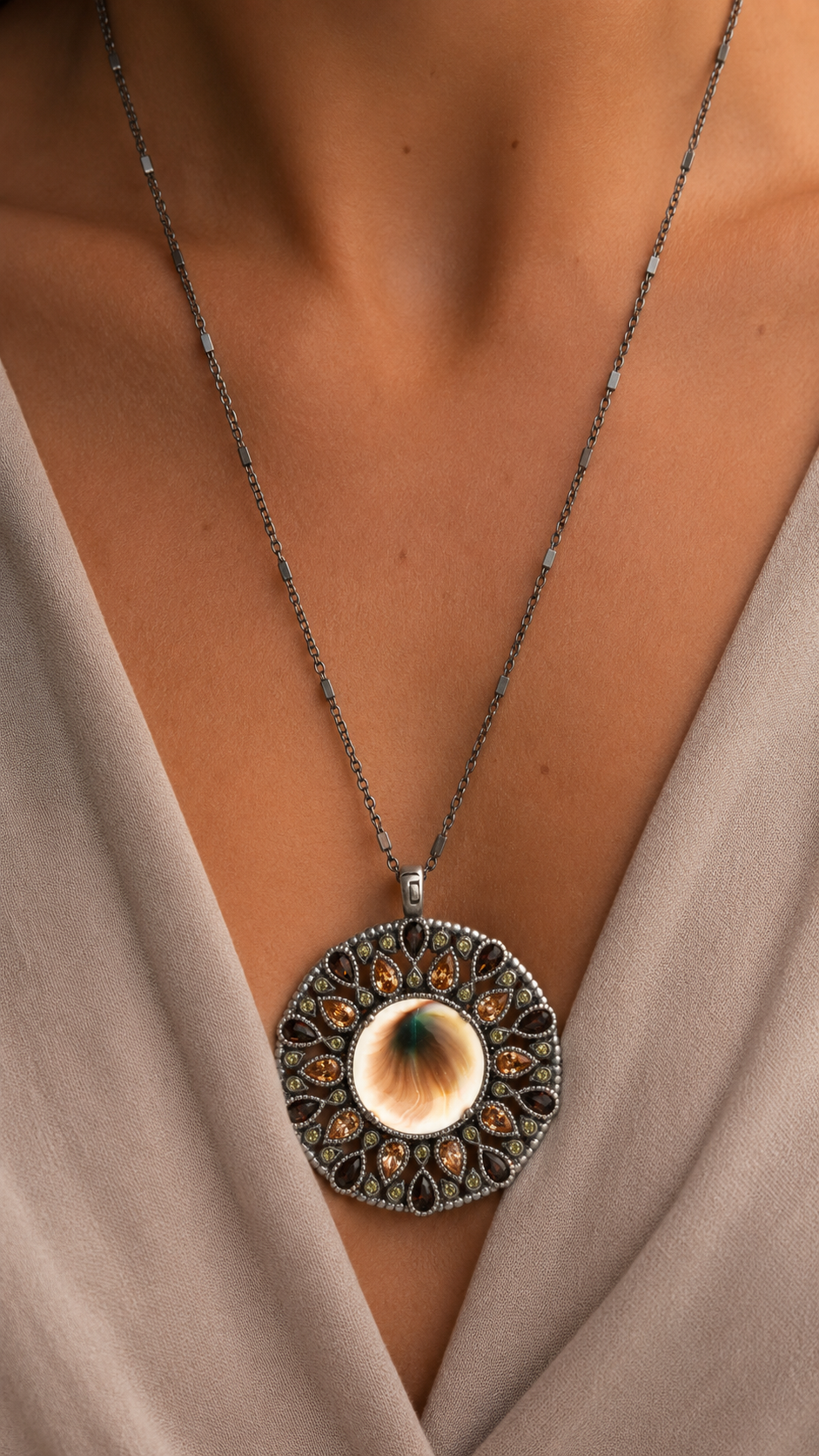 XL silver Shiva pendant, brown, champagne and green drops