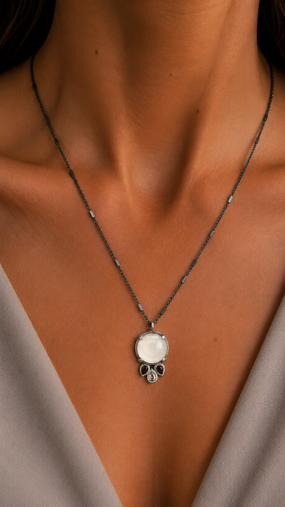 Sterling silver moonstone pendant, 3 brown and cava circo drops