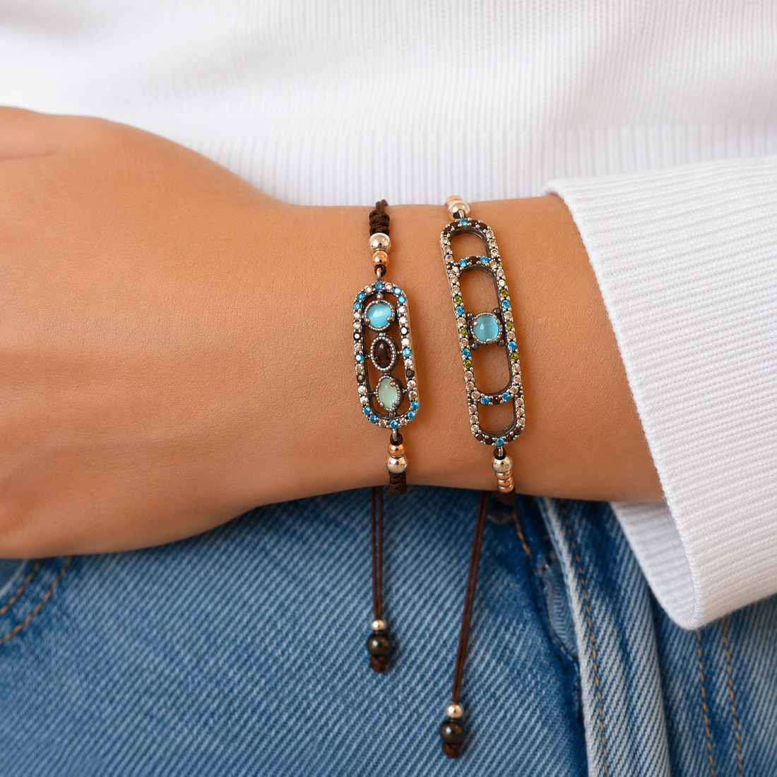 FAT-95 PULSERA MACRAMÉ PLATA FÁTIMA, OJO DE GATO AZUL, CIRCONITAS
