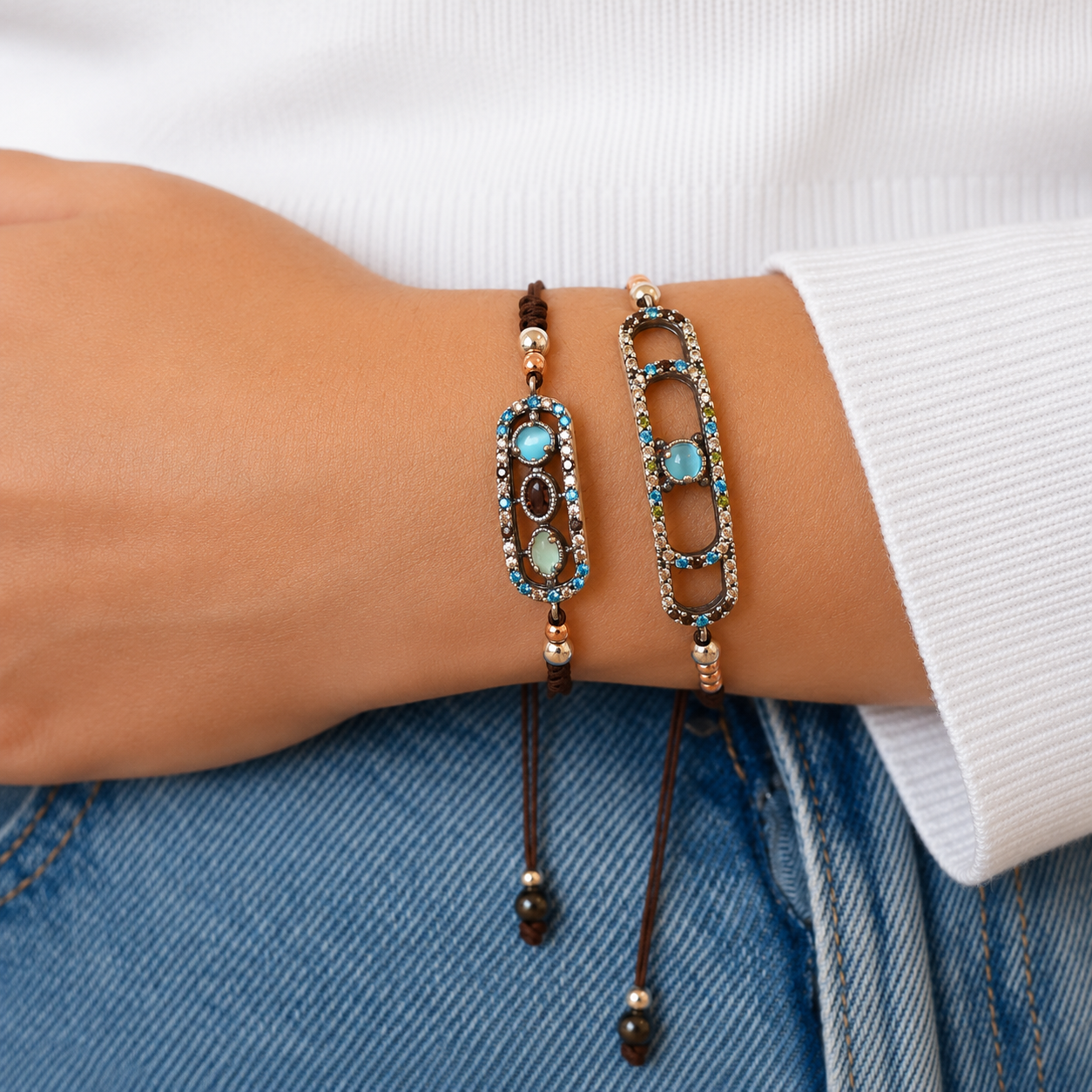 FAT-97 PULSERA MACRAMÉ PLATA FÁTIMA, CALCEDONIA, OJO DE GATO AZUL
