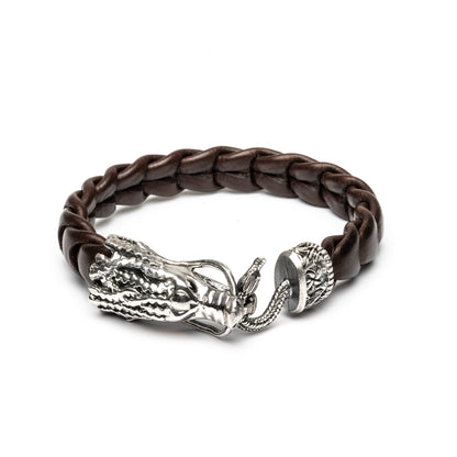 Pulsera Cuero Dragón Plata