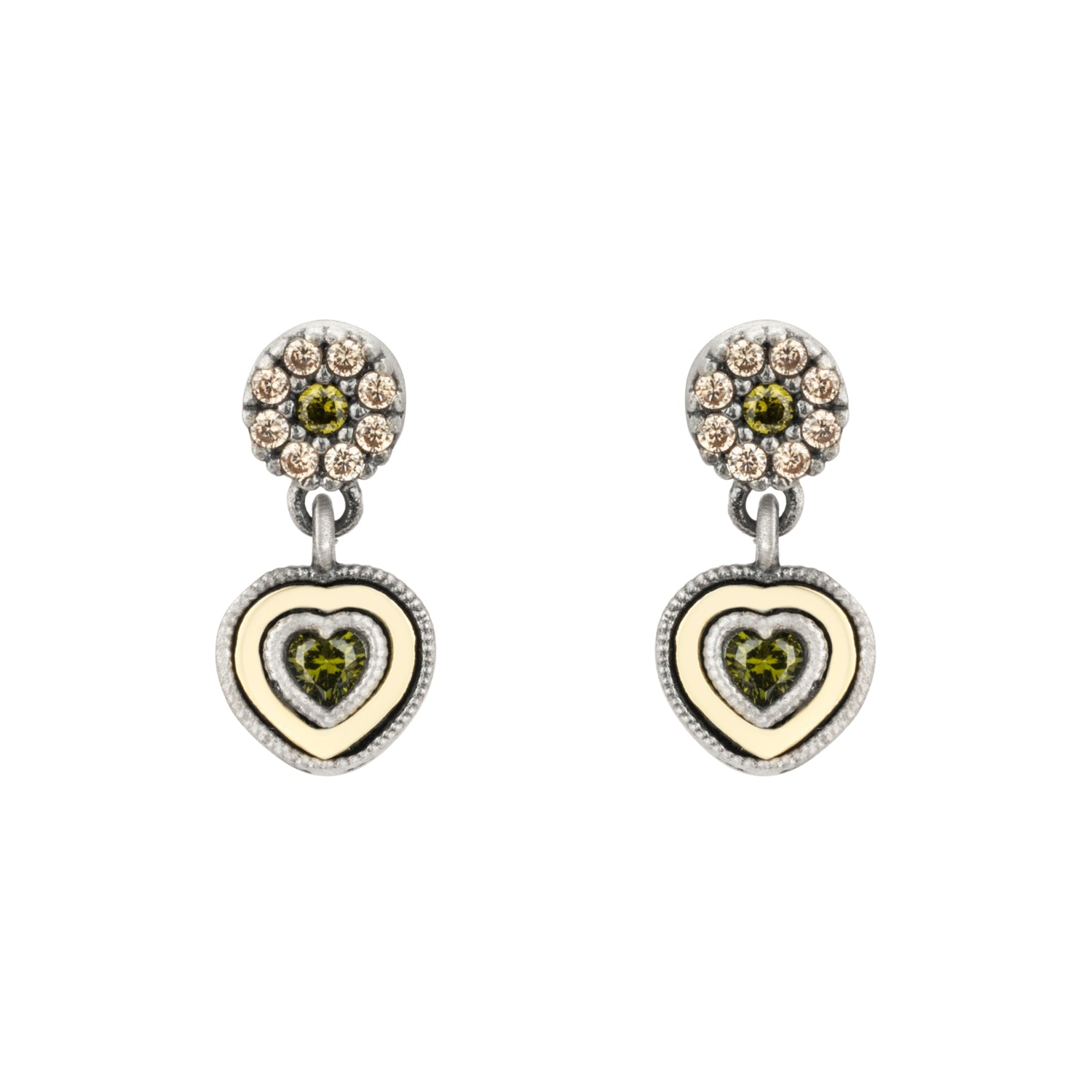 Pendientes Plata y Bronce Corazón Circonitas